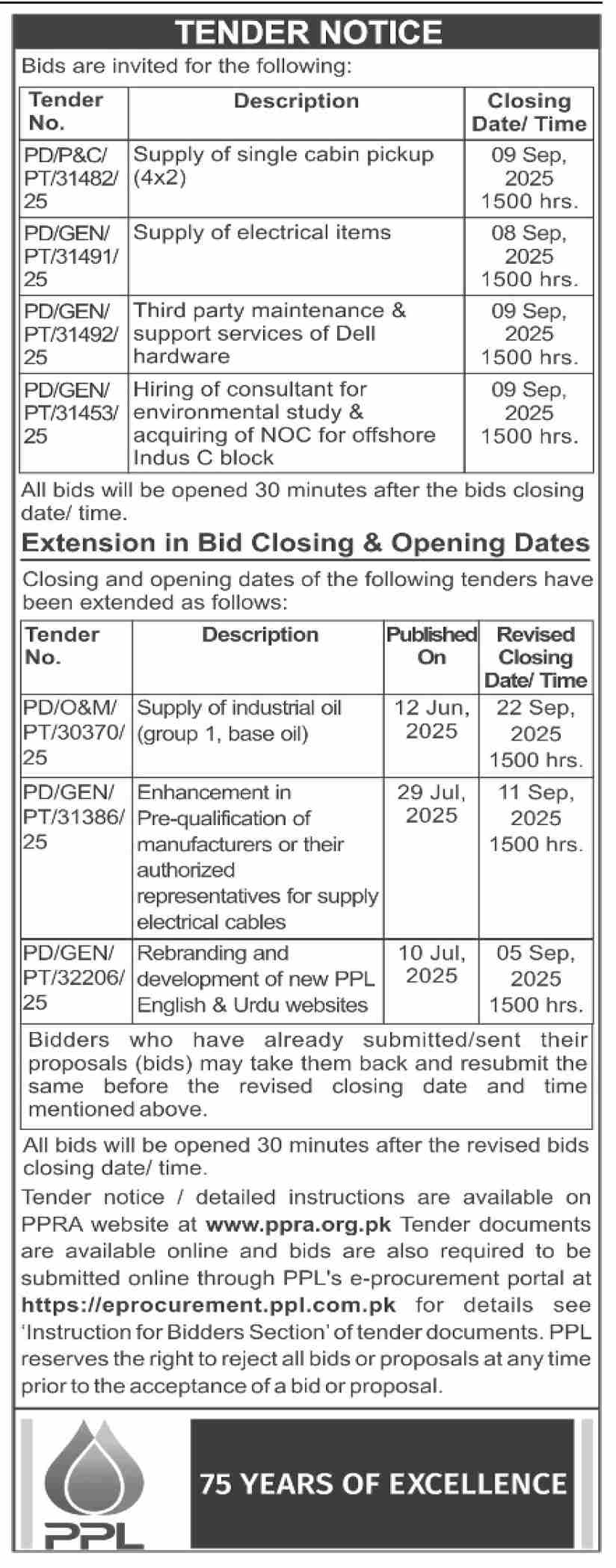 PPL Tender Notice